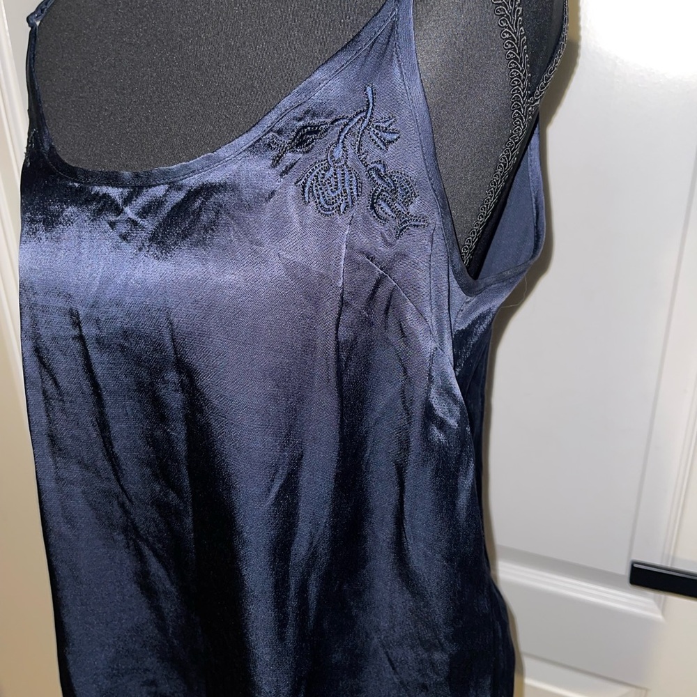 Obey Blue Satin Camisole Top Low Back Spaghetti Strap Embroidered Detail Size M
